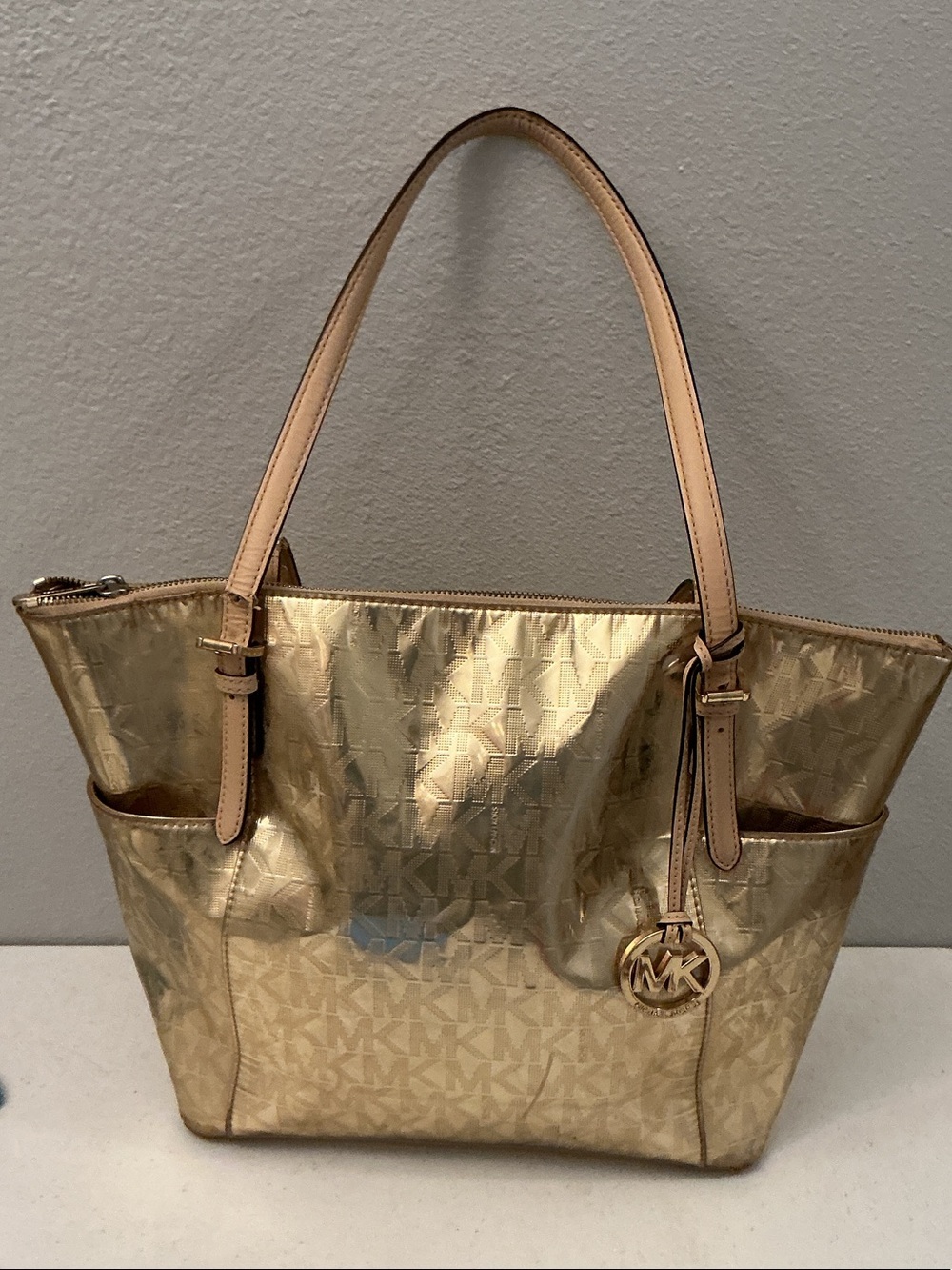 Michael Kors Metallic Gold Tote with Tan Handles